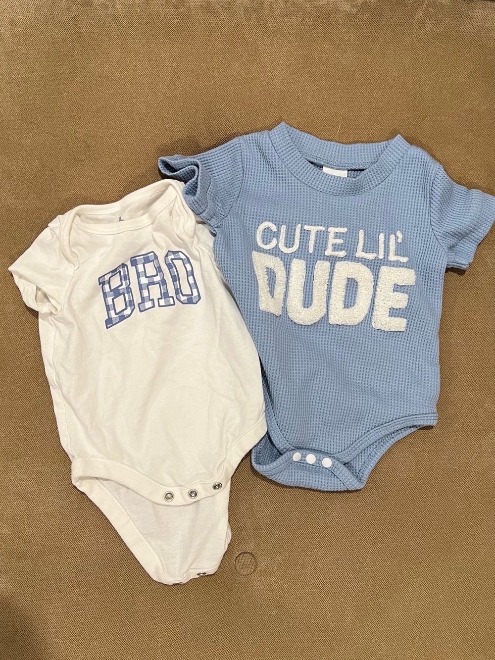 Bundle of 2 Onesies - GAP Gingham Baby Bro and Blue "Cute Lil' DUDE" Waffle-Knit